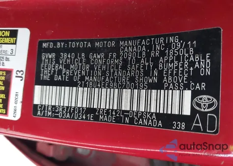 2011 Toyota Corolla S из США, поврежденный, VIN 2T1BU4EE9BC700195